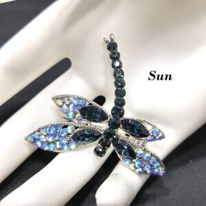 Dragonfly Brooch, Aurora Borealis, Deep Green Rhinestones, Silver Tone, 1 1/2 In